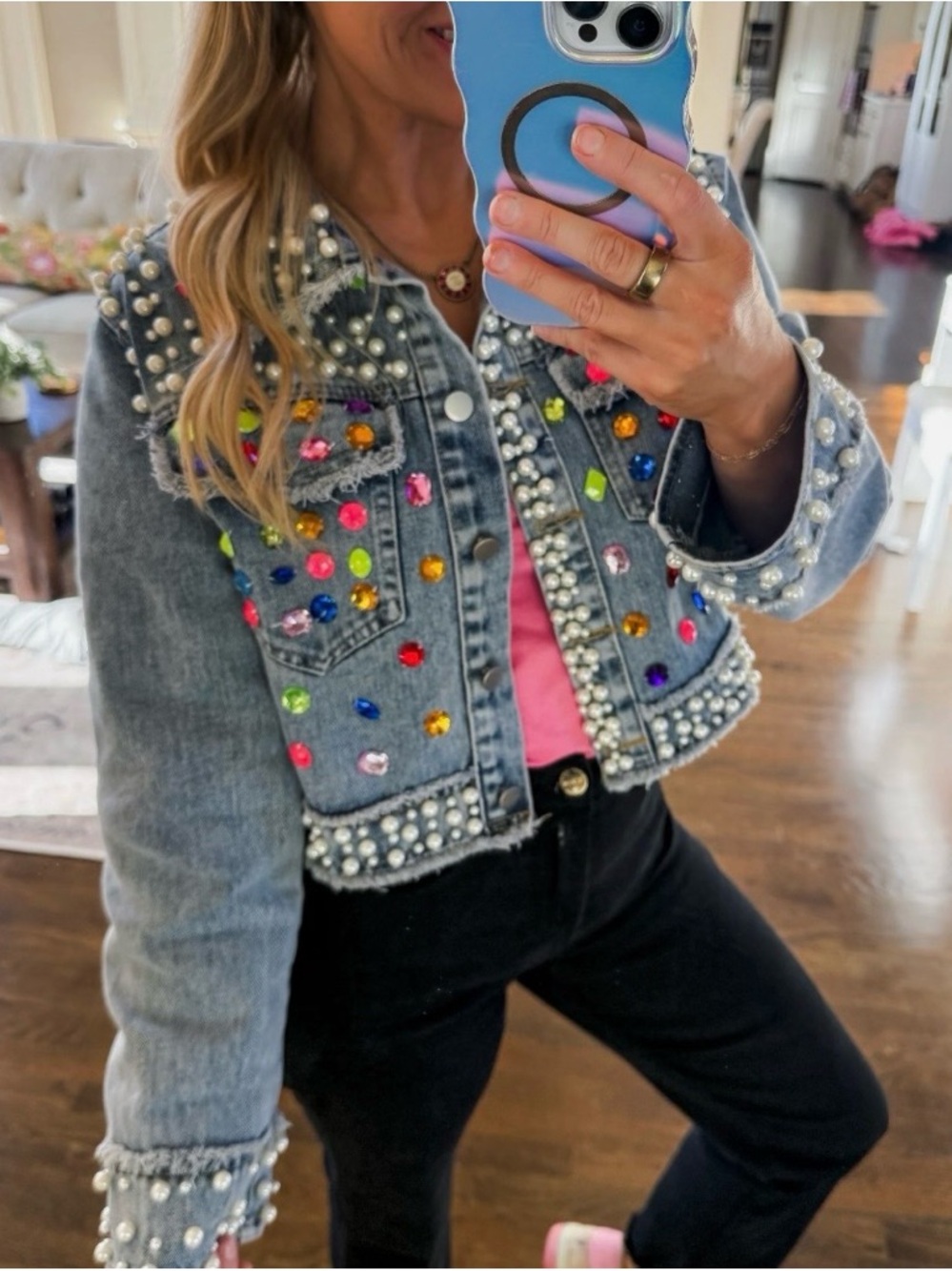 Brand New with Tags Embellished Denim Jacket with Multicolor Gems and Pearls